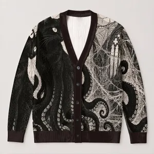 Black Cat Octopus Spiderweb Motif For Spooky Fall Layering, Gothic Animal Lovers Gift All-over Print Knitted Cardigan