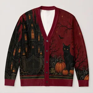 Gothic Mansion, Black Cat & Pumpkin Halloween Style for Spooky Autumn Evenings All-over Print Knitted Cardigan