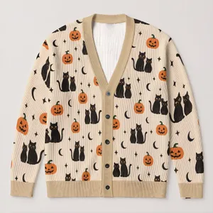 Black Cats, Crescent Moons and Pumpkins for Cozy Cottagecore Halloween Evenings All-over Print Knitted Cardigan