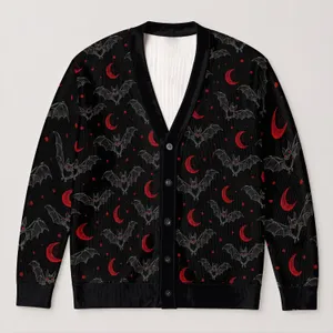 Mothman and Crimson Crescent Moon Night Sky for Gothic Everyday Layering and Collectors All-over Print Knitted Cardigan