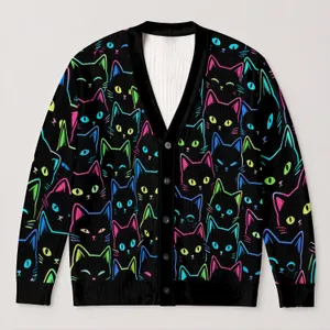 Neon Black Cat Faces for Cozy Everyday Layering and Cat Lover Gifts for Kawaii Fans All-over Print Knitted Cardigan