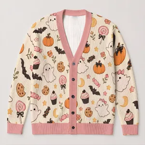 Cute Halloween Pumpkin Ghost Treats for Cozy October Nights and Fall Celebrations All-over Print Knitted Cardigan