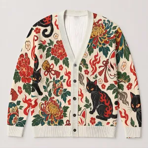 Kitsune Fox Mask and Japanese Tattoo Motifs for Streetwear and Everyday Layering All-over Print Knitted Cardigan