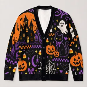 Pixel Halloween Pumpkins, Ghosts & Bats for Spooky Season Parties and Fall Nights All-over Print Knitted Cardigan