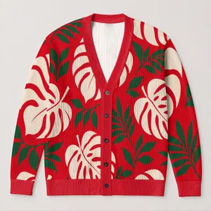 Red Tropical Leaf Style for Everyday Layering and Vacation Wear All-over Print Knitted Cardigan