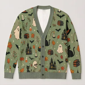 Spooky Witch Cat, Haunted House, Ghosts and Bats for Halloween Night Layering Style All-over Print Knitted Cardigan