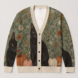 Black Cat and Pumpkins with Autumn Wildflowers for Halloween Cottagecore Style All-over Print Knitted Cardigan