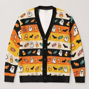 Halloween Ghost Candy Corn Bats and Sweets for Trick-or-Treat Parties and Fall Days All-over Print Knitted Cardigan