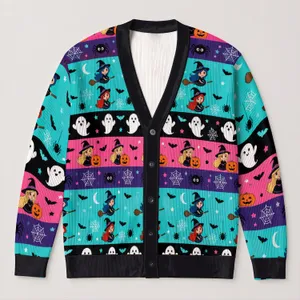 Cute Halloween Witches, Ghosts And Spiders For Festive Spooky Autumn Party Style All-over Print Knitted Cardigan