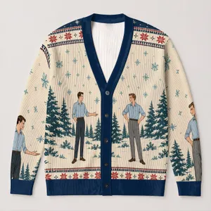 Vintage Christmas Movie Couple and Snowy Pines for Festive Sister Holiday Gatherings All-over Print Knitted Cardigan