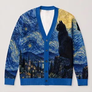 Black Cat Under Golden Stars for Whimsigoth Autumn Layering and Cozy Night Outfits All-over Print Knitted Cardigan