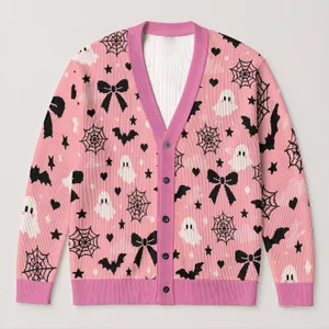 Cute Ghosts, Bats and Black Bows for Playful Halloween Layering and Cozy Autumn Style All-over Print Knitted Cardigan