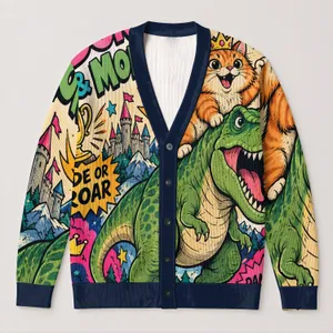 Princess Donut & Mongo Ride Or Roar Fantasy Cat Dinosaur Gift For Book Lovers Cozy Fall All-over Print Knitted Cardigan