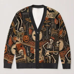 David Halloween Skeleton Music Motifs for Spooky Band Nights and Fall Gatherings All-over Print Knitted Cardigan
