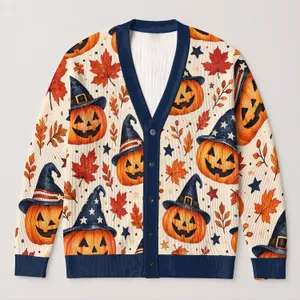 Jack-O-Lantern Witch Hat Autumn Style for Halloween Parties and Women All-over Print Knitted Cardigan