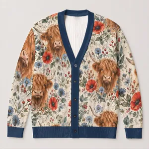 Highland Cow Floral Meadow Style For Relaxed Country Days, Women’s Rustic Layering All-over Print Knitted Cardigan