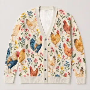 Watercolor Chickens And Roosters For Farmhouse Days, Country Living And Casual Women All-over Print Knitted Cardigan