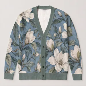 White Magnolia Blooms on Blue Botanical Branches for Relaxed Autumn Layering Women All-over Print Knitted Cardigan
