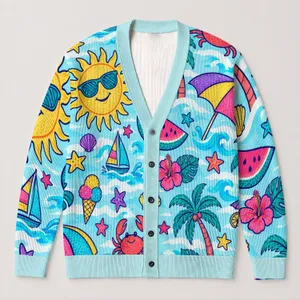 Colorful Tropical Beach Icons For Sunny Vacation Layers And Casual Summer Style Women All-over Print Knitted Cardigan