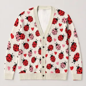 Red Ladybug Hearts for Cozy Valentine's Day Layers, Women's Casual Everyday Style All-over Print Knitted Cardigan