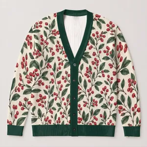 Red Berry Holly Branches For Festive Winter Layering And Cozy Holiday Gatherings Outdoors All-over Print Knitted Cardigan