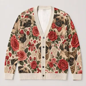Pink Pug Rose Hearts for Romantic Everyday Layering and Beach Date Style for Women All-over Print Knitted Cardigan