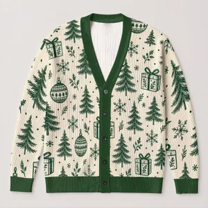 Green Christmas Trees, Gifts, Ornaments And Snowflakes For Cozy Holiday Layering At Home All-over Print Knitted Cardigan