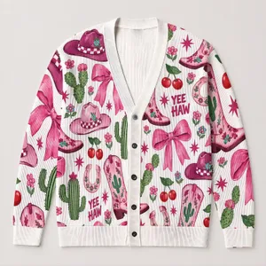 Pink Cowboy Boots And Cactus Western Motifs For Casual Ranch Style Weekend Layering All-over Print Knitted Cardigan