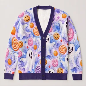 Cute Ghost Candy Halloween Style For Women, Whimsical Fall Layering And Halloween Parties All-over Print Knitted Cardigan