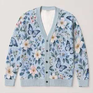 Blue Floral Butterfly Garden for Relaxed Everyday Layering Women's Casual Weekend Style All-over Print Knitted Cardigan