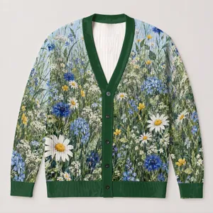 Blue Wildflower Meadow Floral Look For Autumn Vacation And Everyday Women's Layering All-over Print Knitted Cardigan