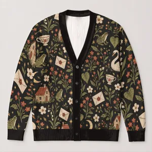 Vintage Folk Swans, Cottages And Tea Motifs For Autumn Outings And Cozy Layering Women All-over Print Knitted Cardigan