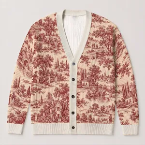 Burgundy Countryside Toile Scenes for Elegant Vacation Layering and Garden Dates for Women All-over Print Knitted Cardigan