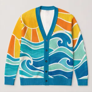 Bright Yellow Sunset And Ocean Waves For Relaxed Vacation Layering And Coastal Getaways All-over Print Knitted Cardigan