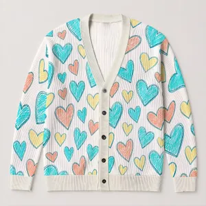 Turquoise Heart Motif For Romantic Spring Outings And Everyday Wear For Plus Size Women All-over Print Knitted Cardigan
