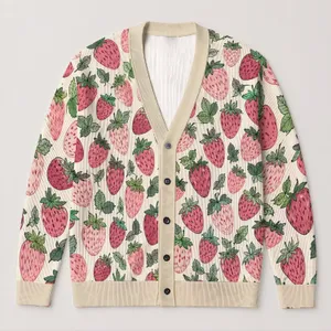 Pink Strawberry Fruit Motif for Sweet Casual Weekends and Vacation Style for Women All-over Print Knitted Cardigan