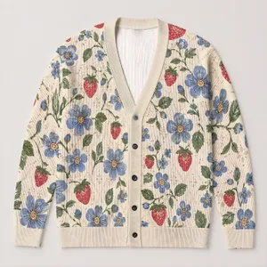 Blue Floral Strawberry Boho Cover-Up For Beach Vacations And Summer Dates Women Style All-over Print Knitted Cardigan