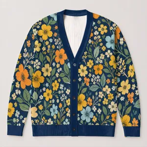 Navy Blue Floral Blossoms for Casual Layering, Poolside Days, and Relaxed Style All-over Print Knitted Cardigan