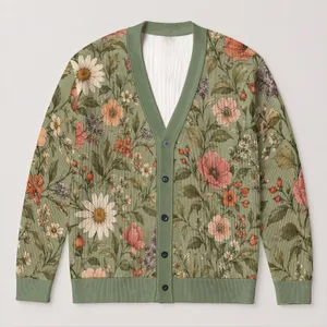 Sage Floral Daisies and Poppies for Cozy Autumn Layering, Nature-Loving Women Everywhere All-over Print Knitted Cardigan