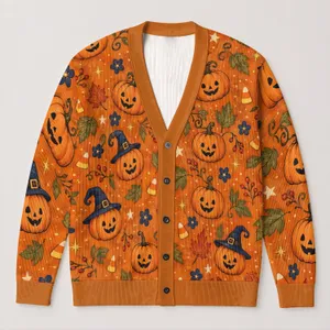 Jack-O-Lantern Witch Hat Halloween Autumn Pumpkin Fall Party Women's Cozy Seasonal Style All-over Print Knitted Cardigan