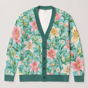 Pastel Lily Garden Floral Motifs For Relaxed Vacation Layering And Everyday Style All-over Print Knitted Cardigan