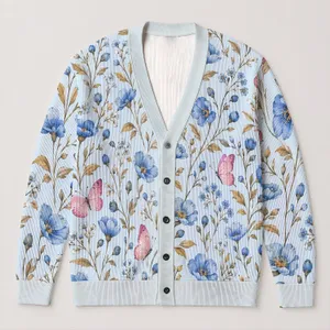 Blue Wildflower Butterflies for Bohemian Spring Layering, Feminine Everyday Style All-over Print Knitted Cardigan
