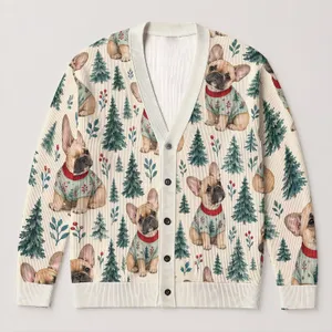 French Bulldog Puppies In Festive Sweaters For Cozy Winter Days, Gift For Dog Lovers All-over Print Knitted Cardigan