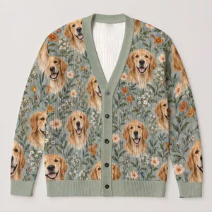 Golden Retriever Floral Motif for Casual Vacation Layering and Weekend Wear, Dog Lovers All-over Print Knitted Cardigan