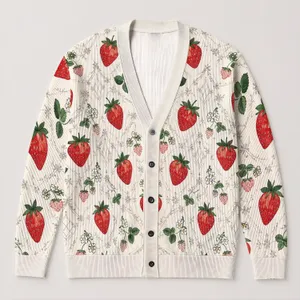 Red Strawberry Garden for Beach Vacation and Date Style, Casual Women's Summer Layer All-over Print Knitted Cardigan