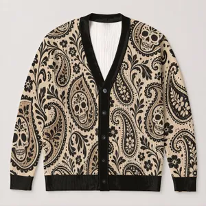 Paisley Skull Motifs for Autumn Layering, Boho Vacation Style for Women, Oversized All-over Print Knitted Cardigan