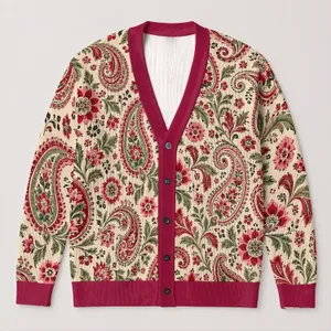 Pink Paisley Floral Boho Layering For Autumn Vacation Date Nights And Travel Women All-over Print Knitted Cardigan