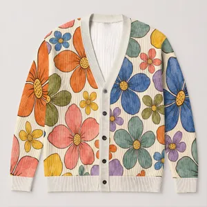 Colorful Retro Floral Blooms for Autumn Vacation Layering, Women's Everyday Style All-over Print Knitted Cardigan