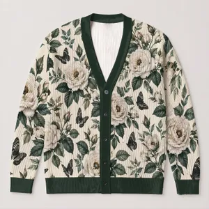 White Roses and Black Butterflies for Spring Vacations and Elegant Date Nights for Women All-over Print Knitted Cardigan