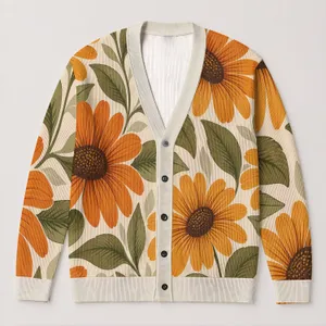Orange Daisy Floral Bohemian Autumn Layering Style For Women Vacation Date Wear All-over Print Knitted Cardigan